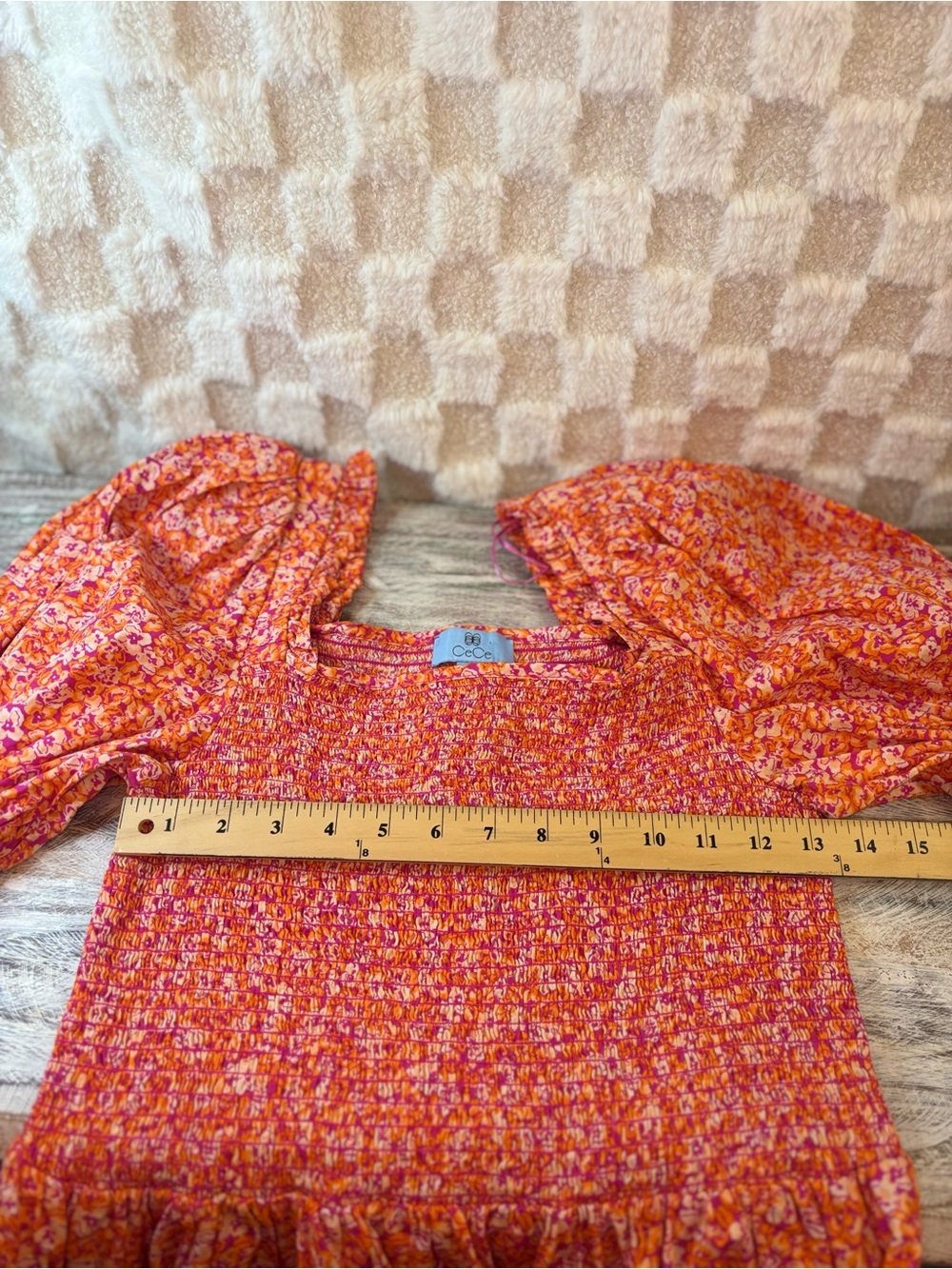 CeCe Women’s Floral Smocked Peplum Top in Orange Pink 100% Cotton - Picture 5 of 6